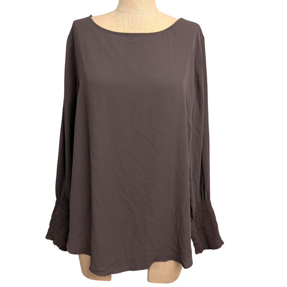 Ann Taylor Smocked Cuff Blouse L Gray Long Sleeve Boat Neck Lined NEW